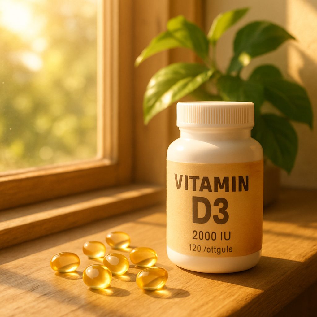 Vitamin D3 supplements in sunlight representing mood and mental health benefits