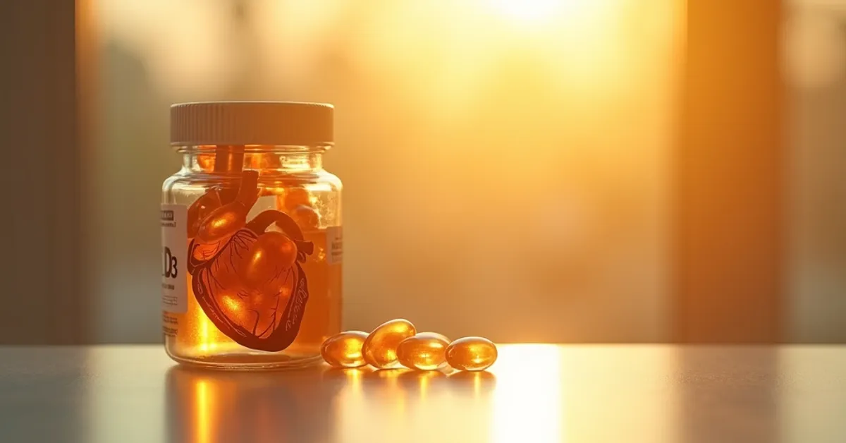 Vitamin D3 capsules with heart health illustration showing cardiovascular research